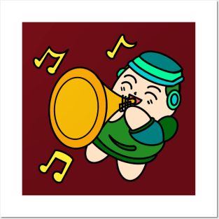 Cute cartoon boy happy playing trumpet Posters and Art